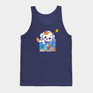 Cute Cat Playing With Fish In Aquarium Cartoon Tank Top